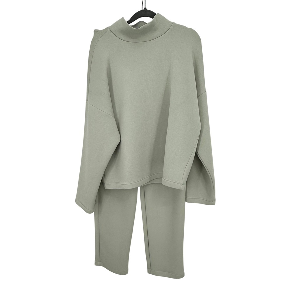 Leze The Label 2 Piece Set Women M Sage Green Excellent Mock Neck Paperbag Pants
